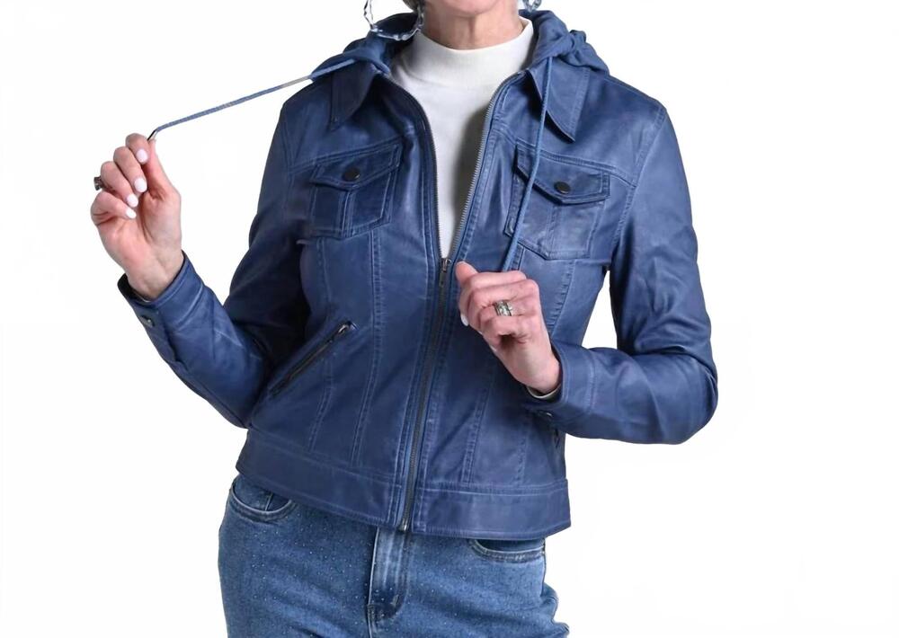 NEW INDIGO THREAD CO. women's dyed faux leather hooded zip up jacket in blue